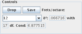 image of Controls pane showing Drop, SAS, and Save buttons, frets-per-octave selector, estimated variance, degrees of freedom, and condition number